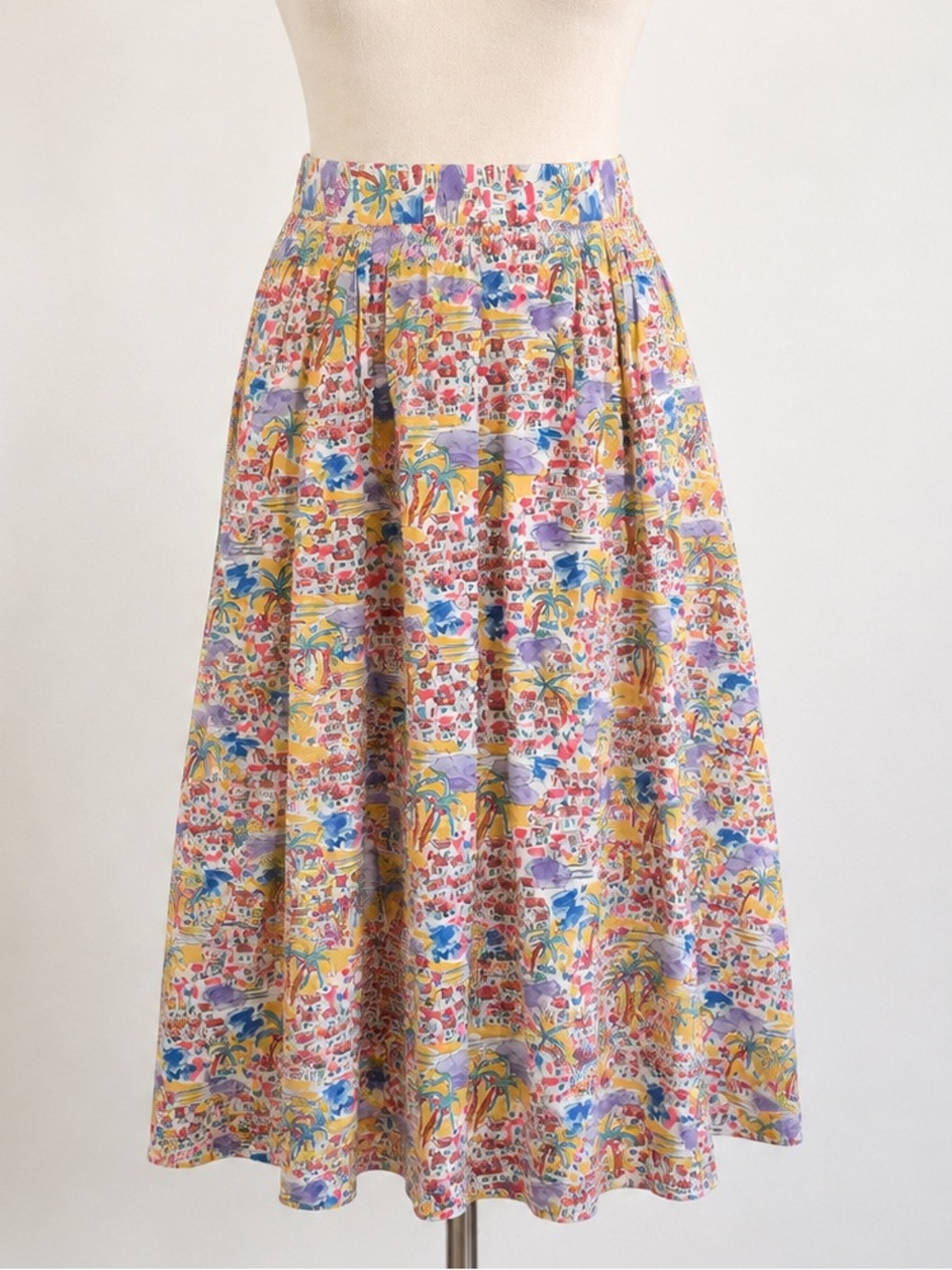 Doncaster Vintage Cotton Novelty Village Print Midi Skirt Size 10 Button Front P